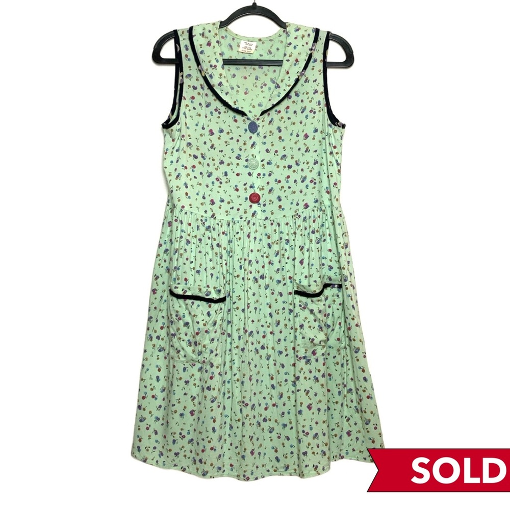 Vintage 1980s light green floral sleeveless collared dress size L - Picture 1 of 15